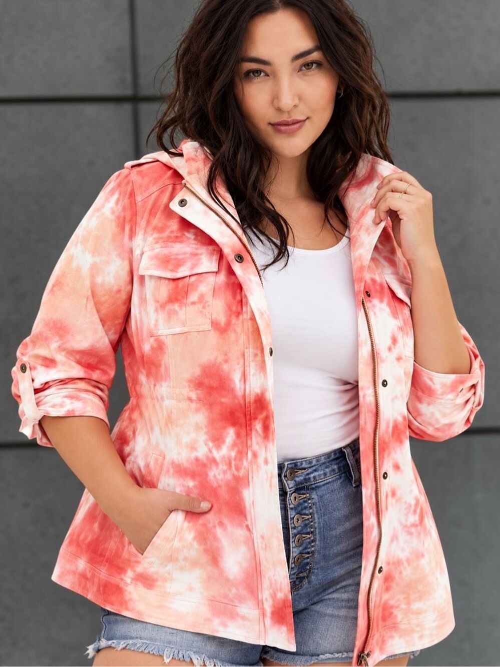 Torrid Coral Pink Tie Dye Twill Anorak Utility Jacket Oversized Size 1 1XL